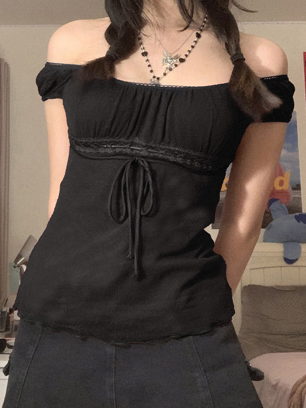 Schwarze Vintage Spitzenbesatz U-Ausschnitt  Bluse