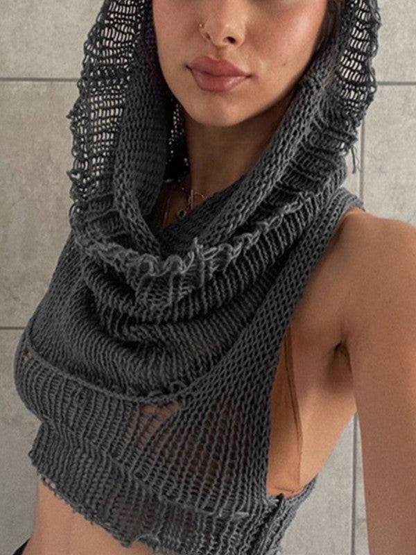 Punk Crochet Knit Tank Top with Hood