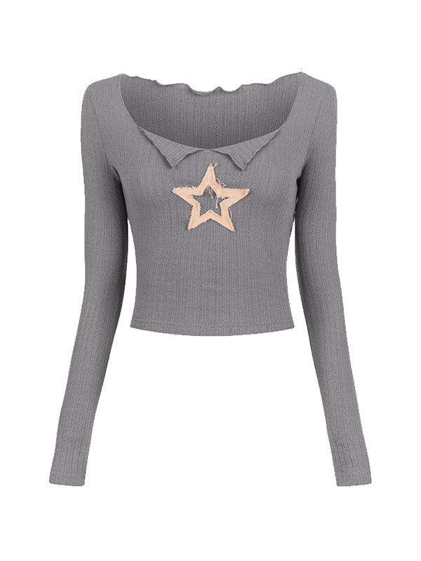 Graues Y2K Stern Patch Langarm Strick Crop Top