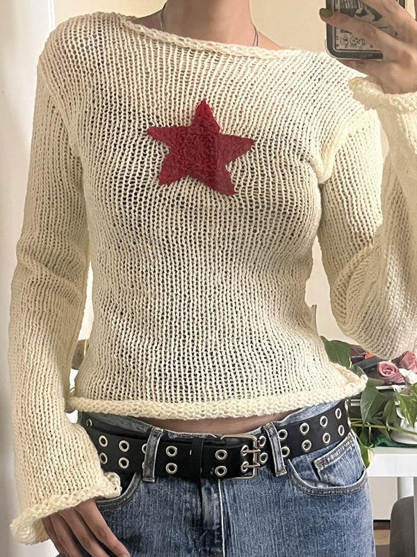 Vintage Weißes Gestricktes Häkel Crop Top mit Stern Patch