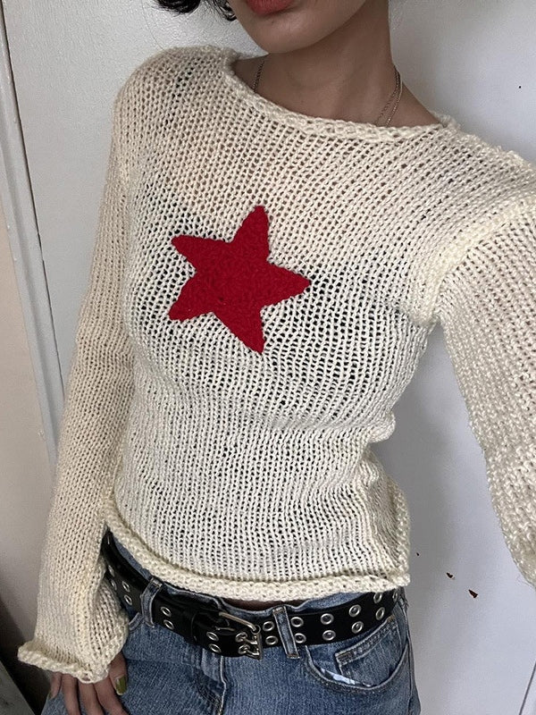 Vintage White Knitted Crochet Crop Top with Star Patch