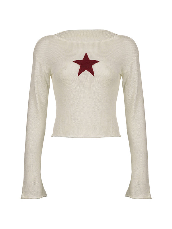 Top corto vintage lavorato a maglia all'uncinetto bianco con toppa a stella