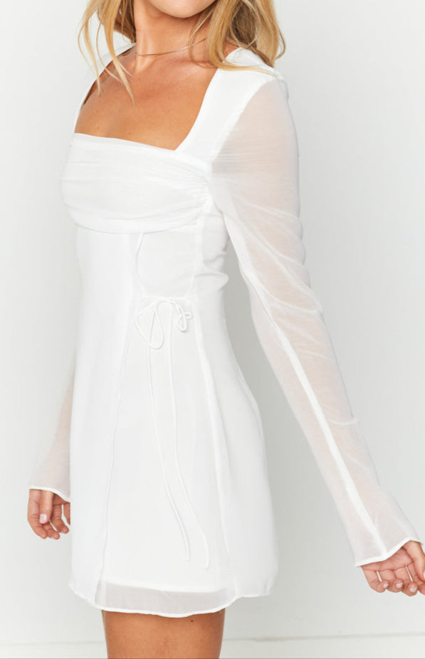 Roma White Long -Sleeved mini sukienka