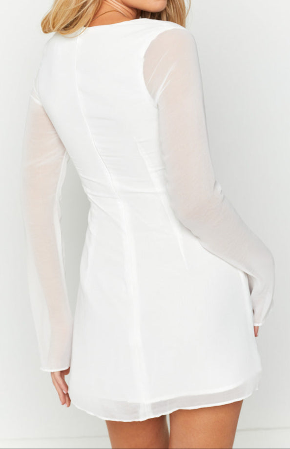Roma White Long -Sleeved mini sukienka