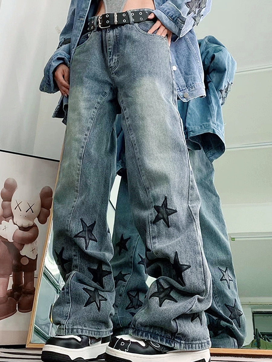 Verwaschene Blaue Vintage Boyfriend Jeans mit Stern Design