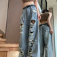 Blaue Punk Ausgefranste Detail Jeans mit Rissen