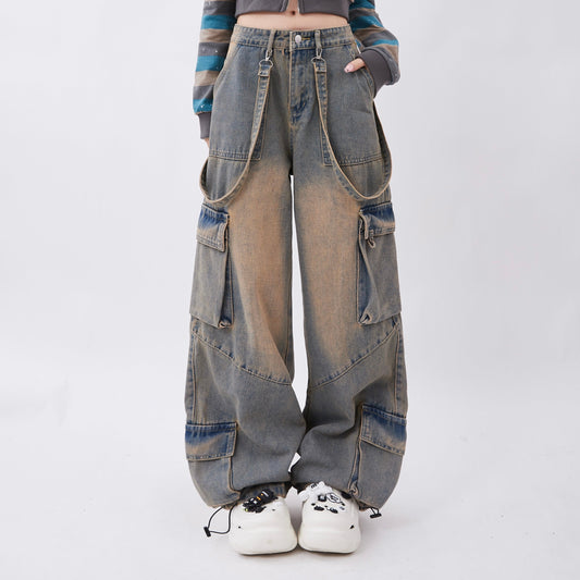 JY Jeans hip-hop grigi con bretelle lavate effetto fango/Jeans in denim con bretelle lavate effetto fango hip-hop grigio