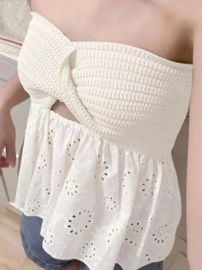 White Vintage Knitted Knot Tube Top with Embroidery 