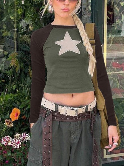 Kontrastfarbenes Y2K Raglanärmel Sternen Patch Crop Top