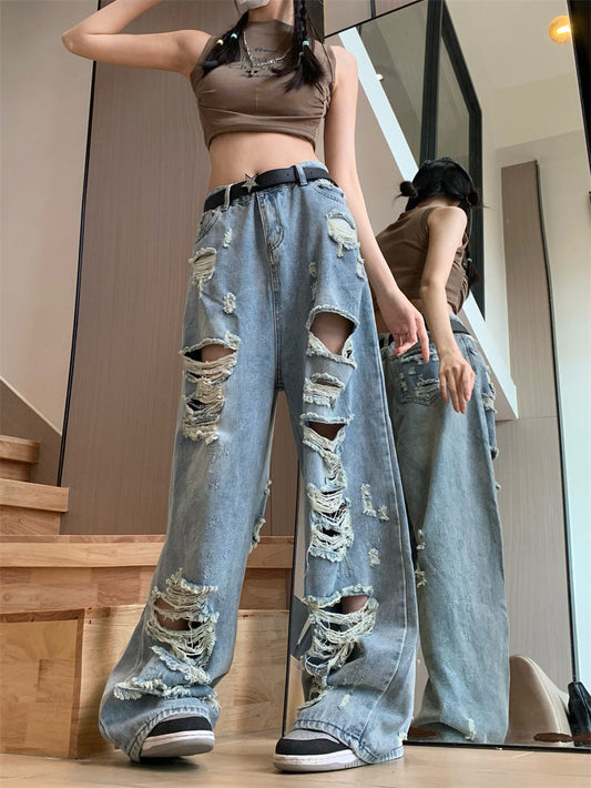 Blaue Punk Ausgefranste Detail Jeans mit Rissen