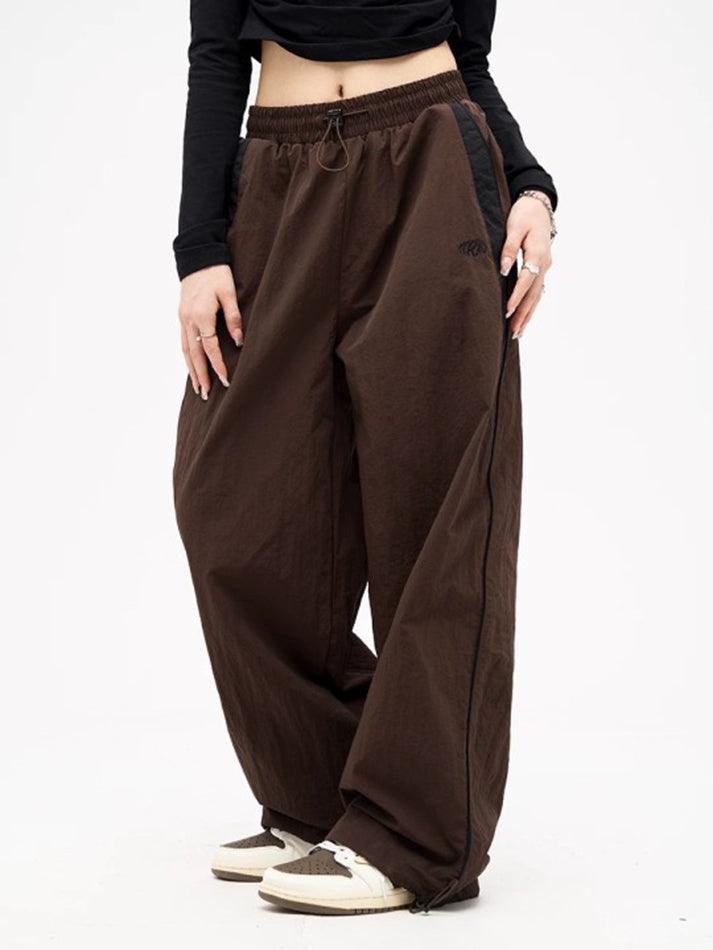 Brown Retro Piping Elastic Waist Baggy Sweatpants