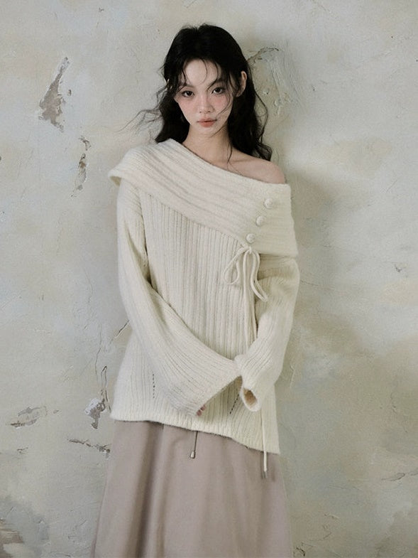 button accent one shoulder knit sweater