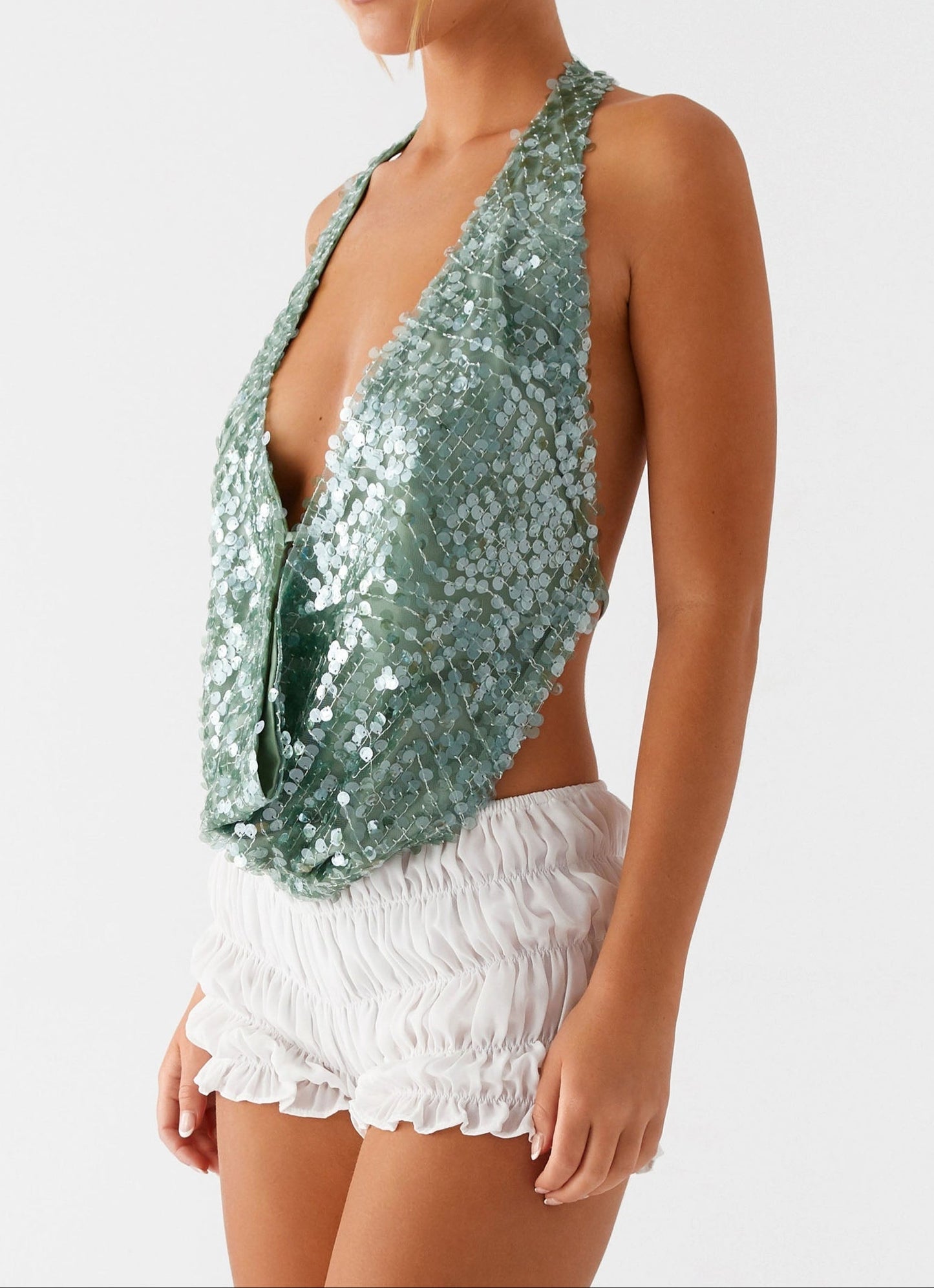 Venetia Top mit Schalkragen und Halter Design – Grün