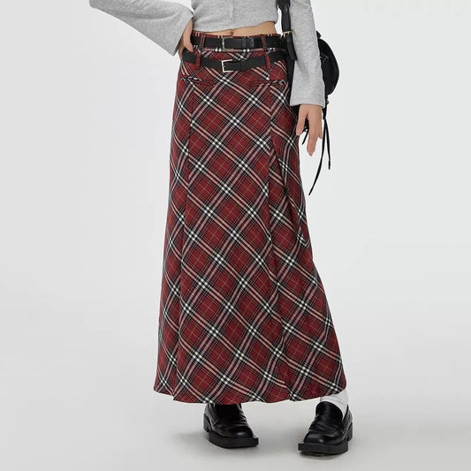 Red Vintage London Bridge Checked Maxi Skirt