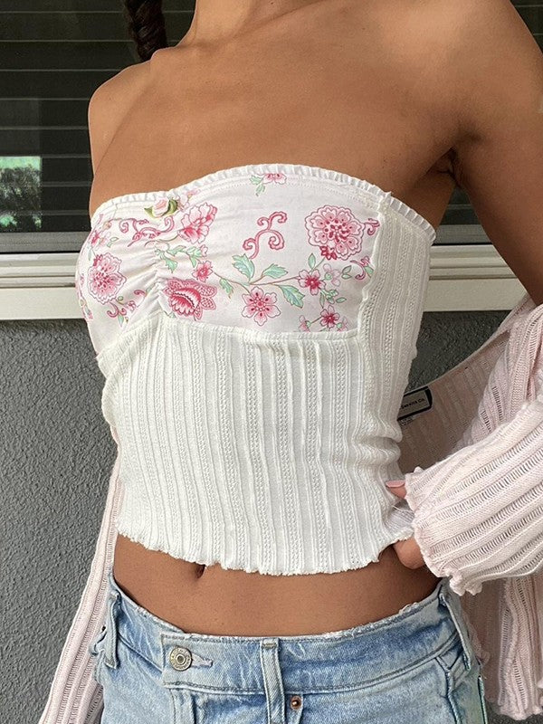 Süßes Florales Gestricktes Bandeau Top mit Patchwork