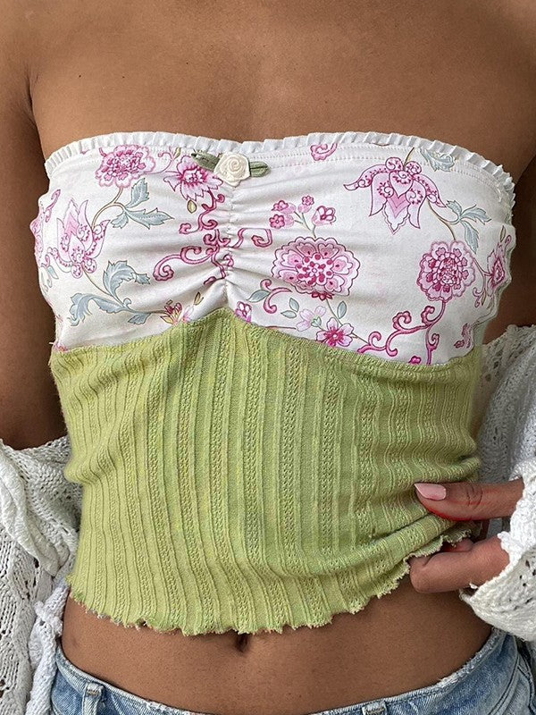 Cute Floral Knitted Bandeau Top with Patchwork