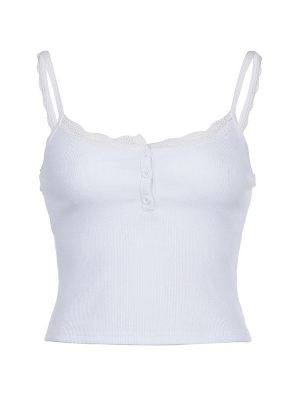 Spitzenbesatz Geripptes Crop Cami Top mit Knopfleiste