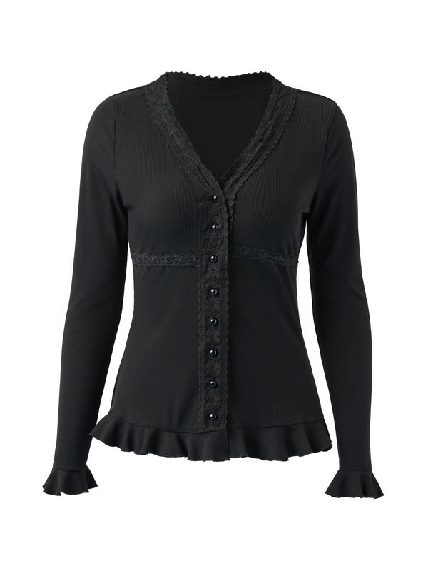 Vintage Black Knit Top with Front Buttons and Lace