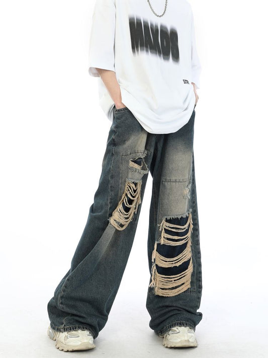 Jeans larghi strappati anni 2000 con foro finto unisex