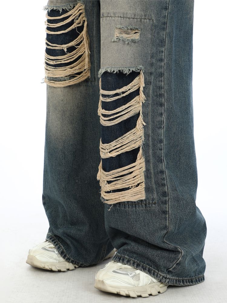 Jeans larghi strappati anni 2000 con foro finto unisex