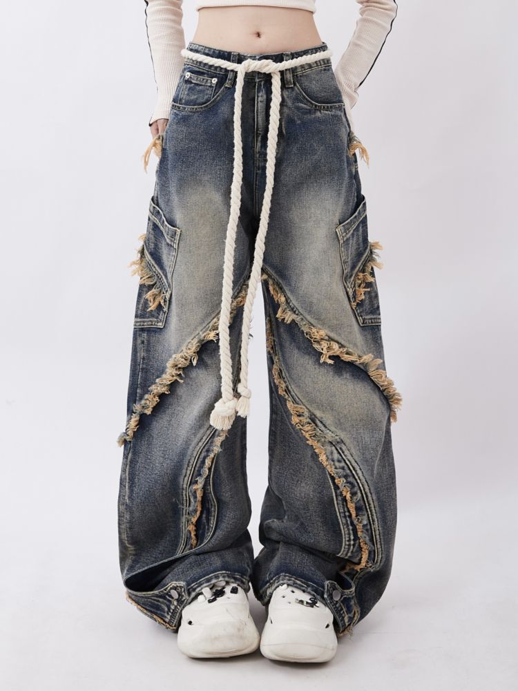 Rohkantendesign Patchwork Baggy Gewaschene Jeans