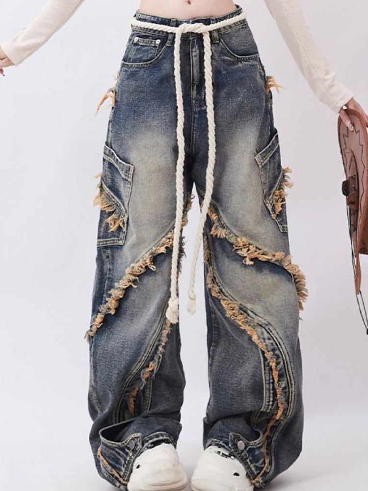 Rohkantendesign Patchwork Baggy Gewaschene Jeans