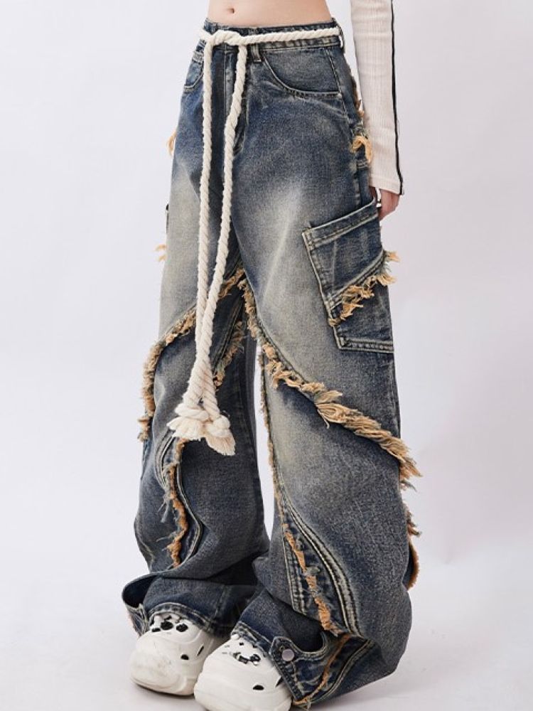 Rohkantendesign Patchwork Baggy Gewaschene Jeans