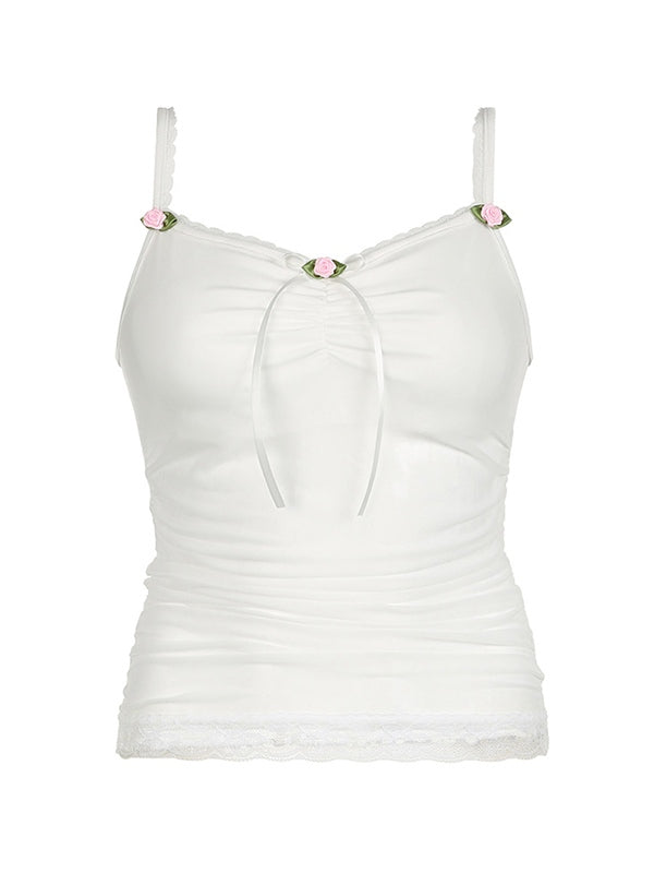 White Vintage Lace Patchwork Pleated Camisole Top