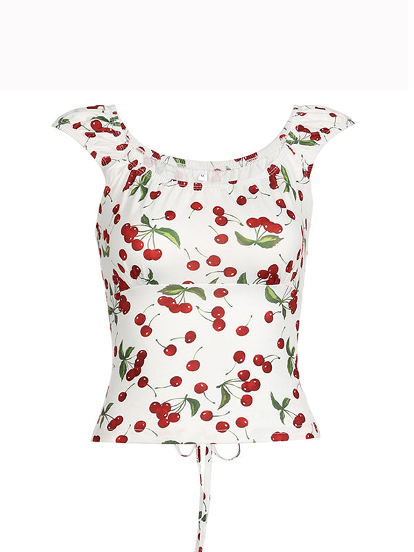 Y2k backless short sleeve crop top with cherry print