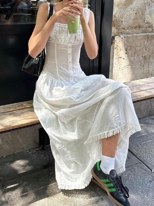 Weißes French Plissee Slim Midikleid mit Lace Schnürung