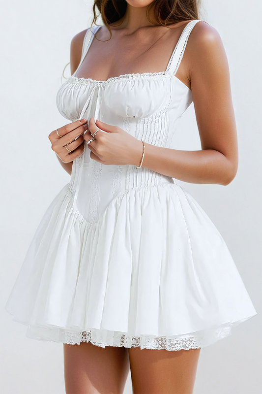 White lace trim mini dress with tie back