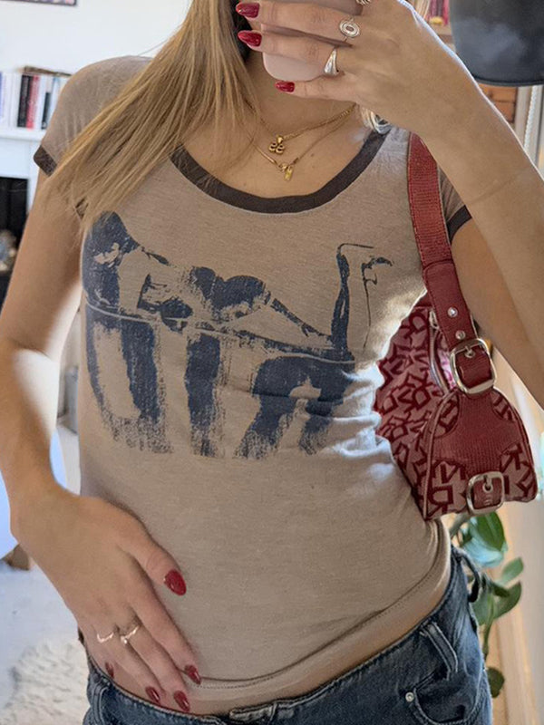 T-shirt grigia a maniche corte con stampa vintage