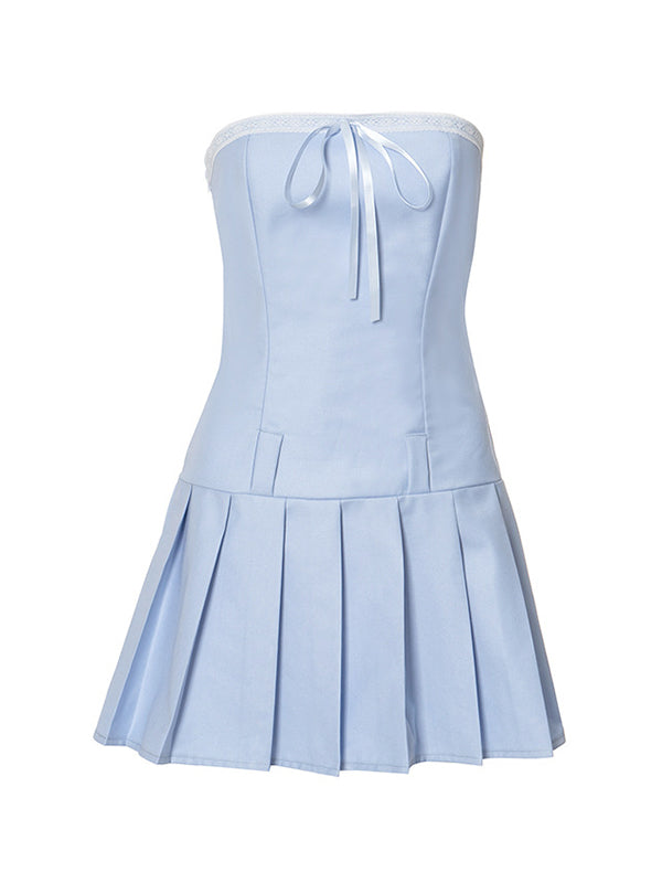 Blue Y2K sleeveless dress with lace and bow