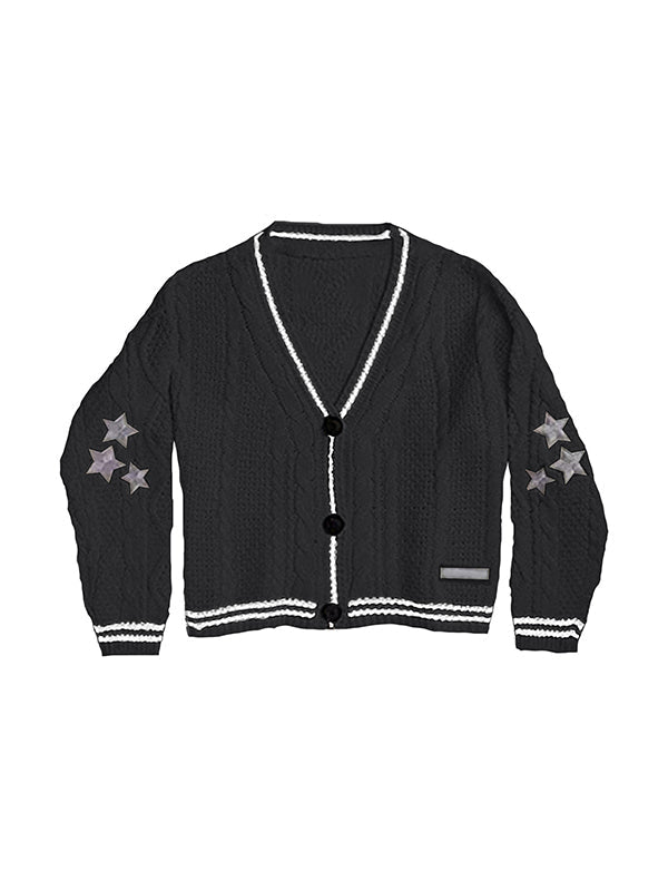 Vintage Oversize Zopfmuster Strick Cardigan mit Sternenstickerei