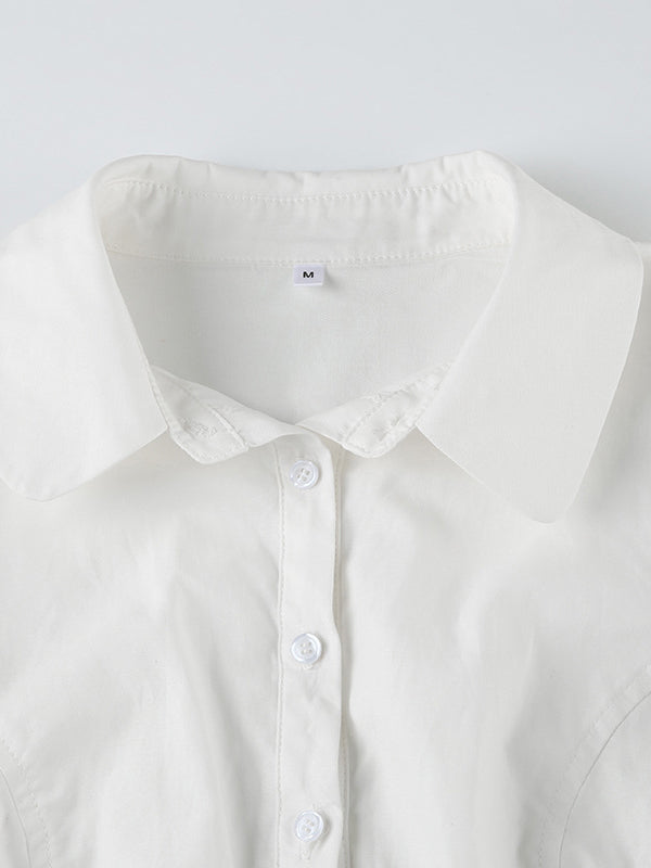 Weißes Vintage Slim Taille V Ausschnitt Kurzarm Shirt