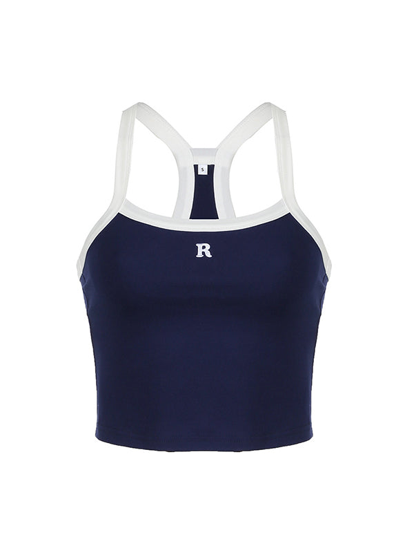 Top corto Cami slim fit con ricamo a lettera retrò blu navy