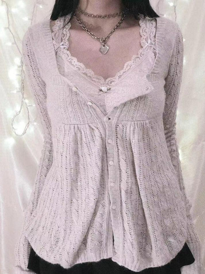 Cardigan pointelle vintage beige con scollo quadrato