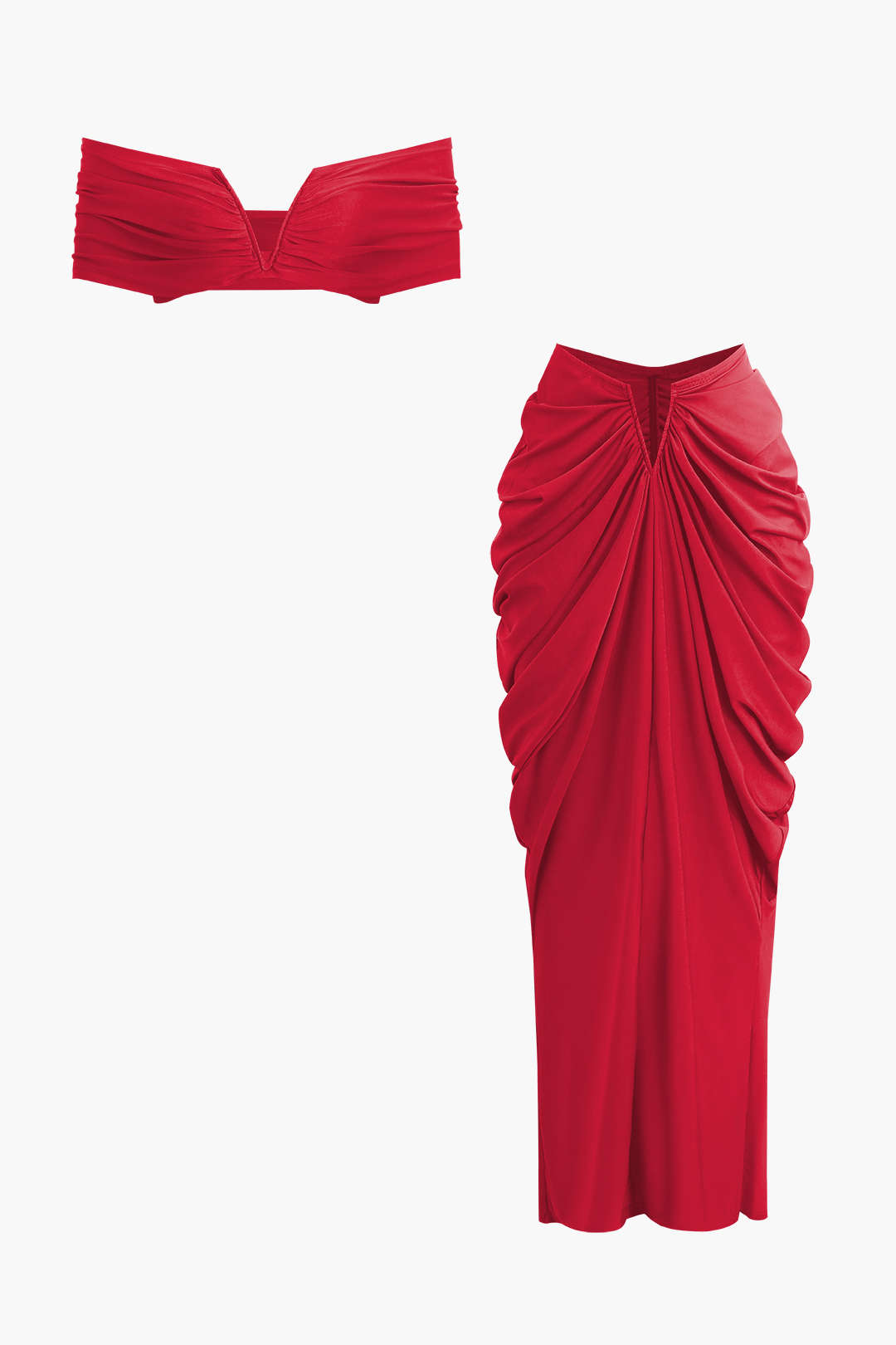 V Neck Gathered Top &amp; V Shaped Waist Cut Maxi Skirt Set