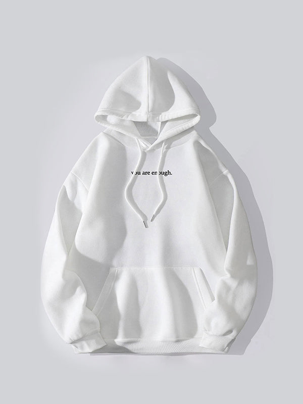 White oversized kangaroo pocket hoodie with drawstring and letter print