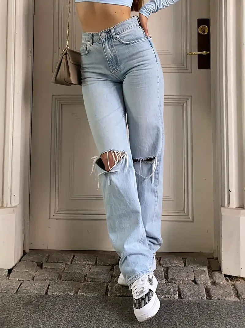 Hellblaue 2000er Y2k Boyfriend Jeans mit Zerrissenem Design