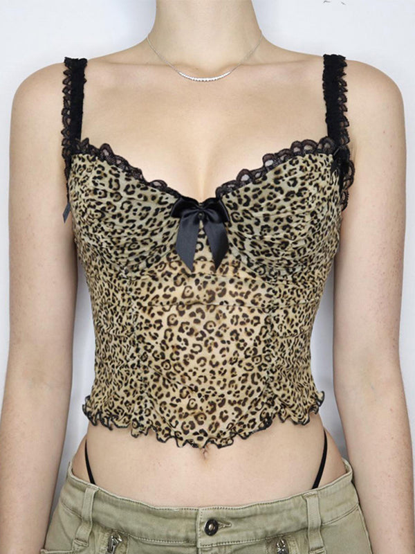 Vintage Bow Lace Splice Leopard Print Cami Top