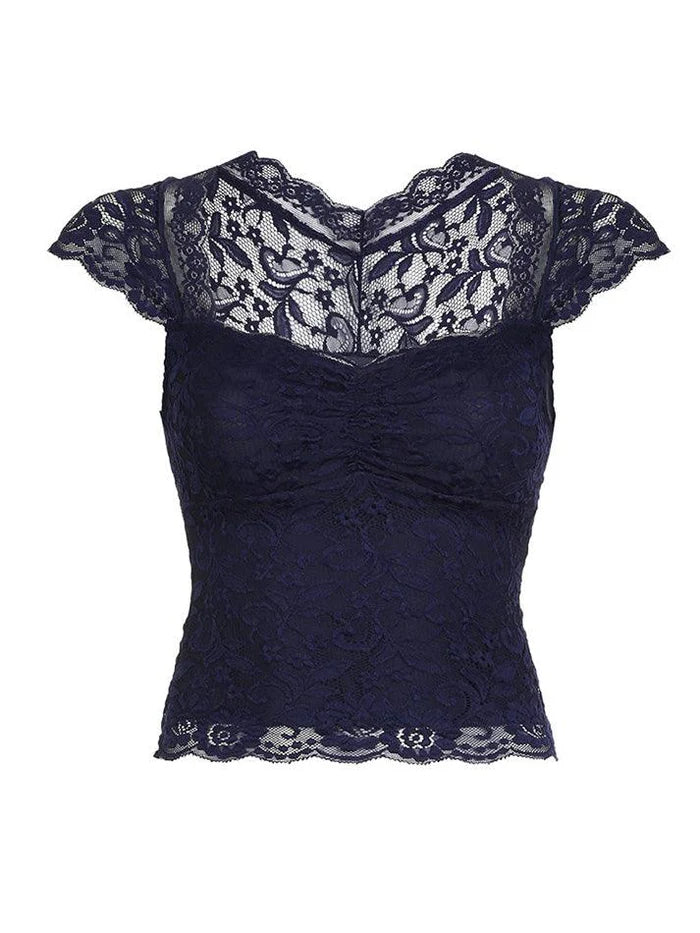 Top a maniche corte slim in pizzo vintage blu navy