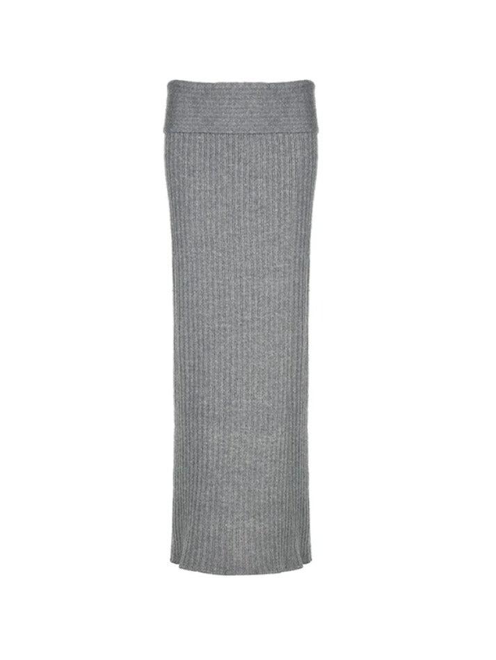 Grey Solid Low Rise Maxi Skirt with Folded Waistband