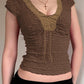 Brown Vintage Lace Patchwork Short Sleeve T-Shirt