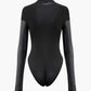 Black vintage mock neck bodysuit with faux leather panels and long sleeves