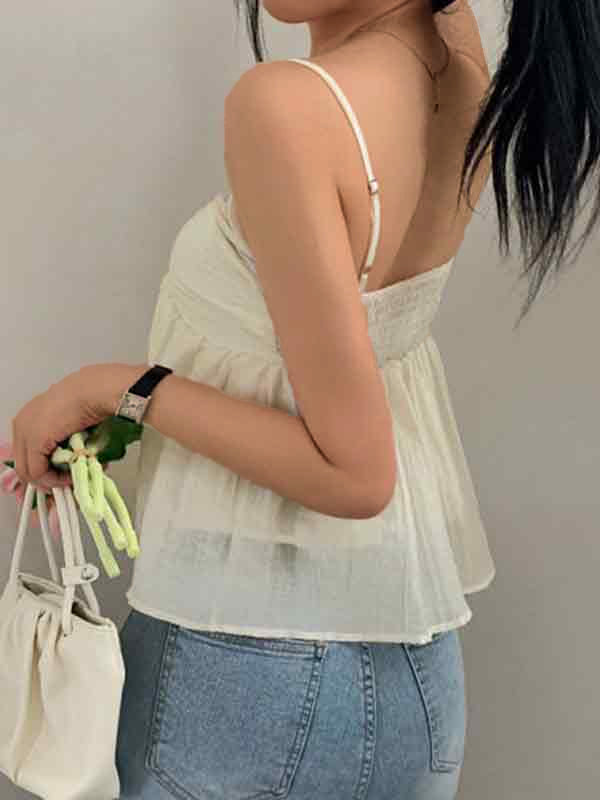 Apricot Cute Pleated Lace Up Cami Top