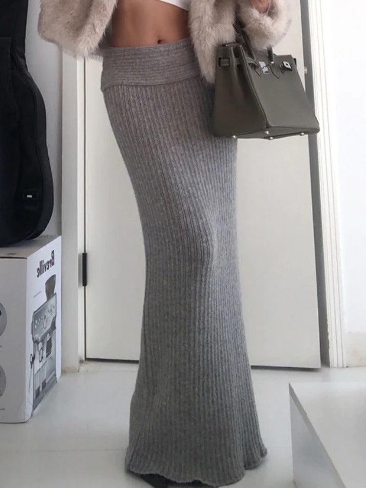 Grey Solid Low Rise Maxi Skirt with Folded Waistband