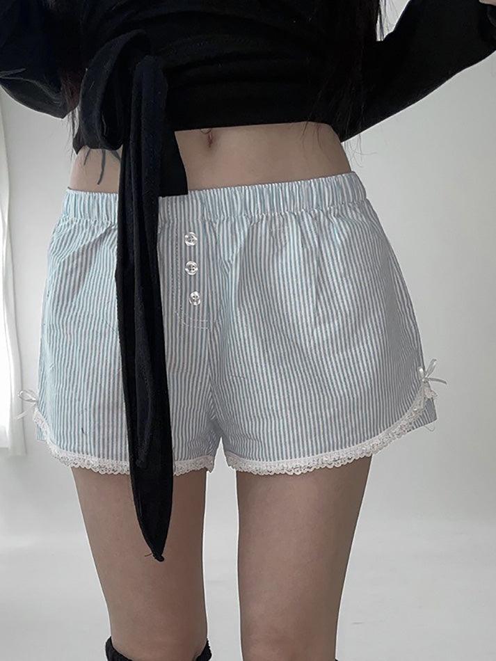 Blaue Schleifen Spitzen Patchwork Gestreifte Shorts