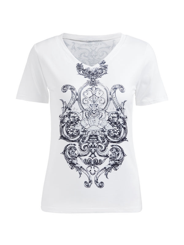 Weißes Vintage Gothic Strass Print Kurzarm Shirt