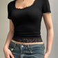 Short sleeve crop top with square neckline and lace inserts 